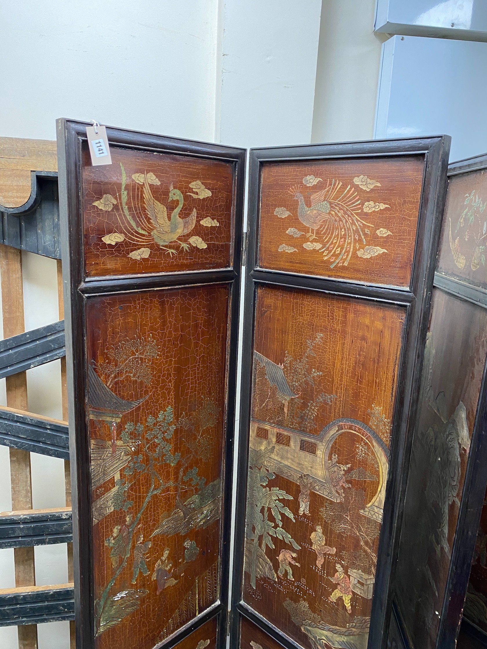 A Chinese four fold screen, each panel width 48cm, height 184cm